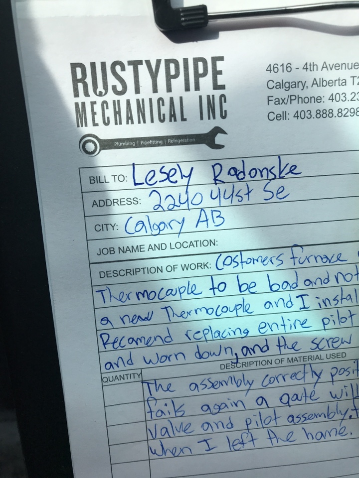 Stanley Park, AB - Furnace pilot would not stay lit. Hvac technician required. Replaced thermocouple and tested furnace everything good Stanley Park, AB - Furnace pilot would not stay lit. Hvac technician required. Replaced thermocouple and tested furnace everything good
